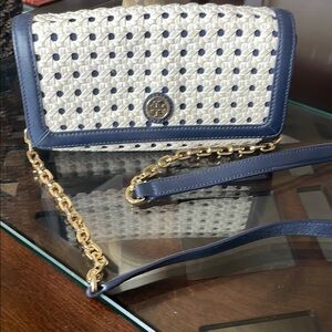 Tory Burch  navy and white woven crossbody bag